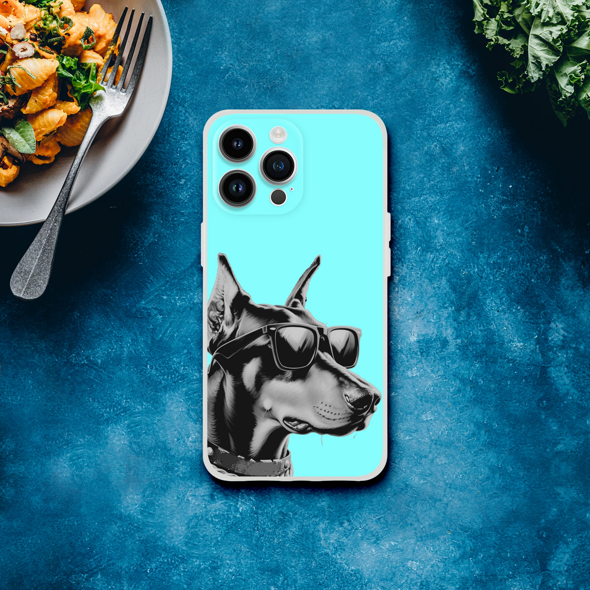 Cool Dog iPhone Case for iPhone 13-16 with retro dog illustration, turquoise matte finish, slim flexible frame.