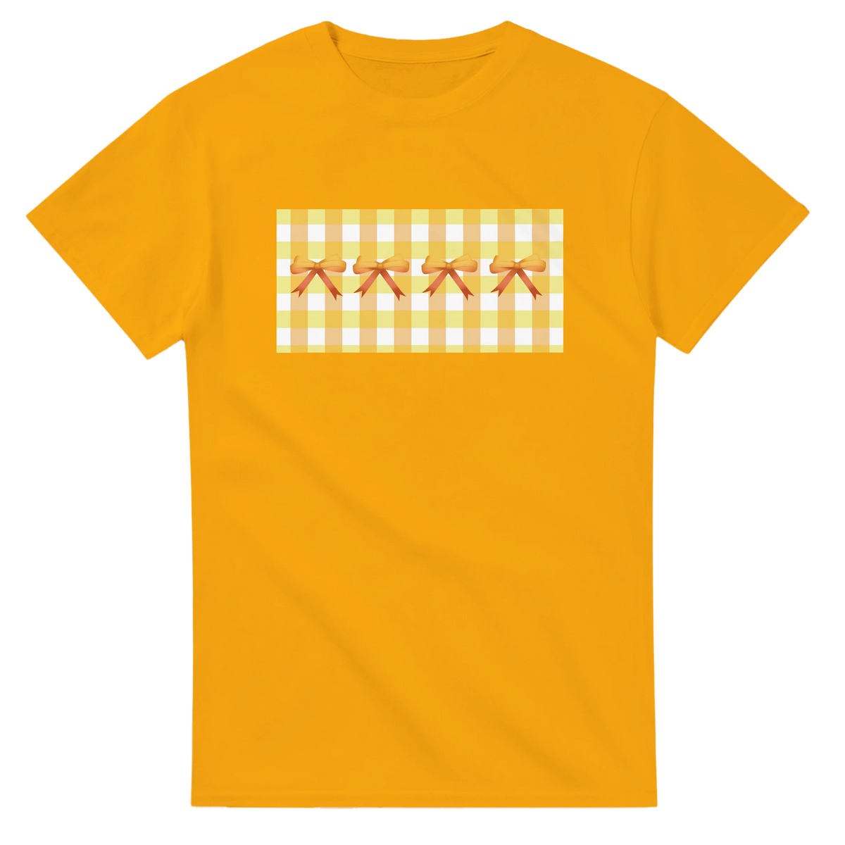 Yellow T-shirt with gingham panel and bow accents for a cute coquette aesthetic.