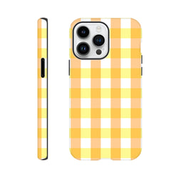 Retro yellow gingham checkered iPhone case featuring a bold wraparound grid pattern for secure protection.