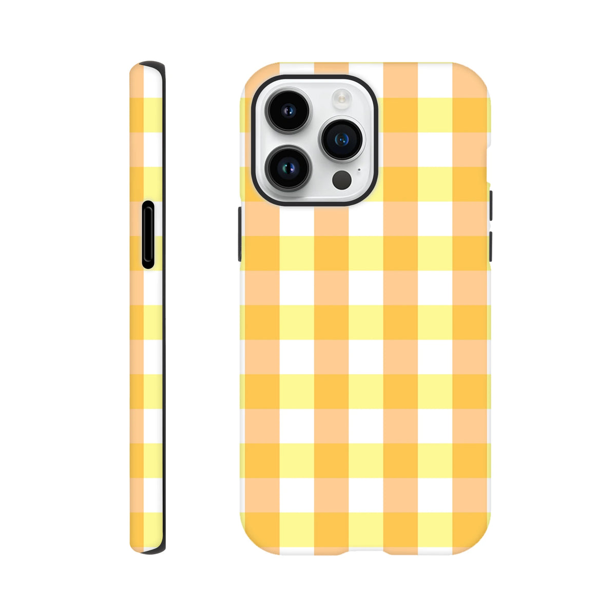 Retro yellow gingham checkered iPhone case featuring a bold wraparound grid pattern for secure protection.
