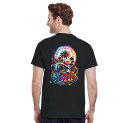 Black t-shirt back view featuring a colorful turbocharger graphic with palm trees and sunset for modified car culture.