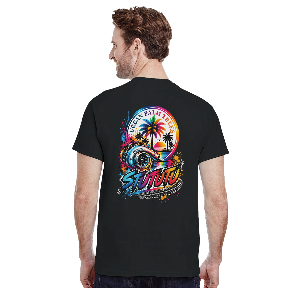 Black t-shirt back view featuring a colorful turbocharger graphic with palm trees and sunset for modified car culture.
