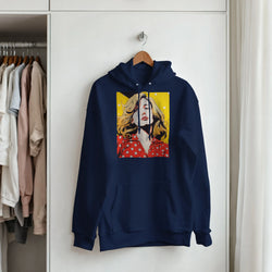 Navy blue pullover hoodie featuring a retro pop art graphic of a blonde woman in a red polka dot shirt against a yellow background.