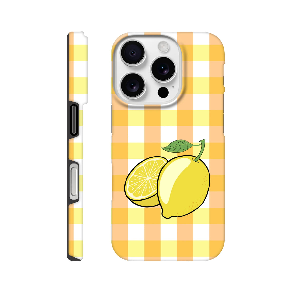 Yellow and orange gingham iPhone case featuring whole and sliced lemon illustration with drop protection for campus and street use.