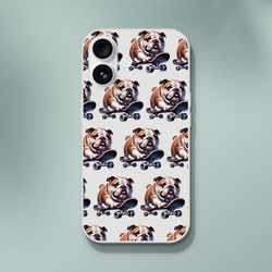 Clear iPhone case featuring a repeating bulldog on skateboard design with frosted texture.