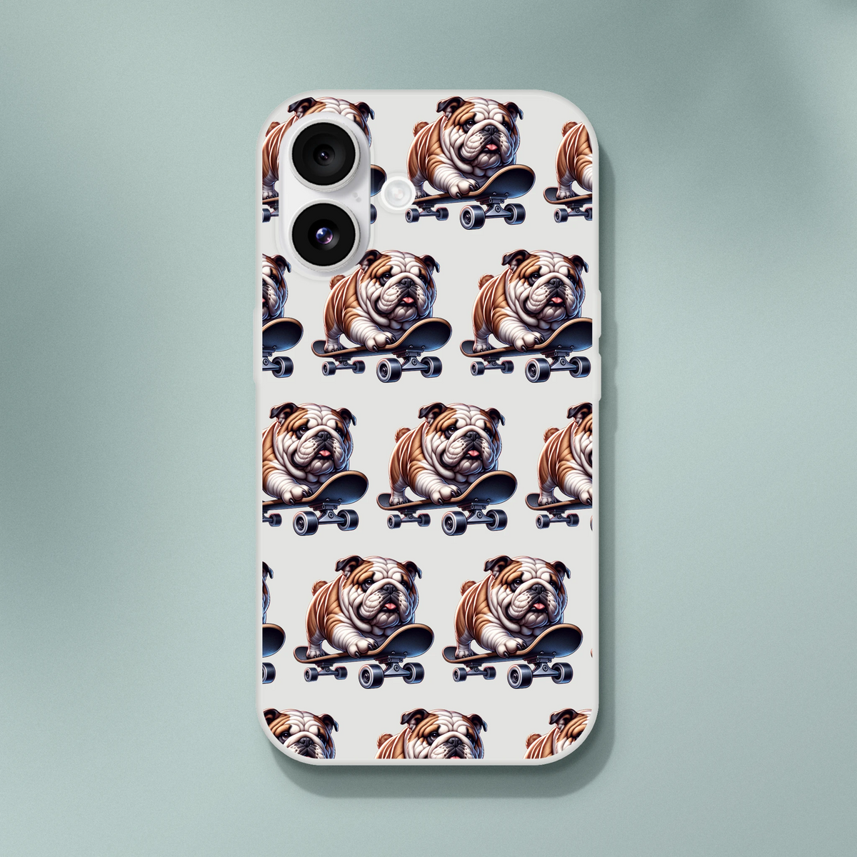 Clear iPhone case featuring a repeating bulldog on skateboard design with frosted texture.