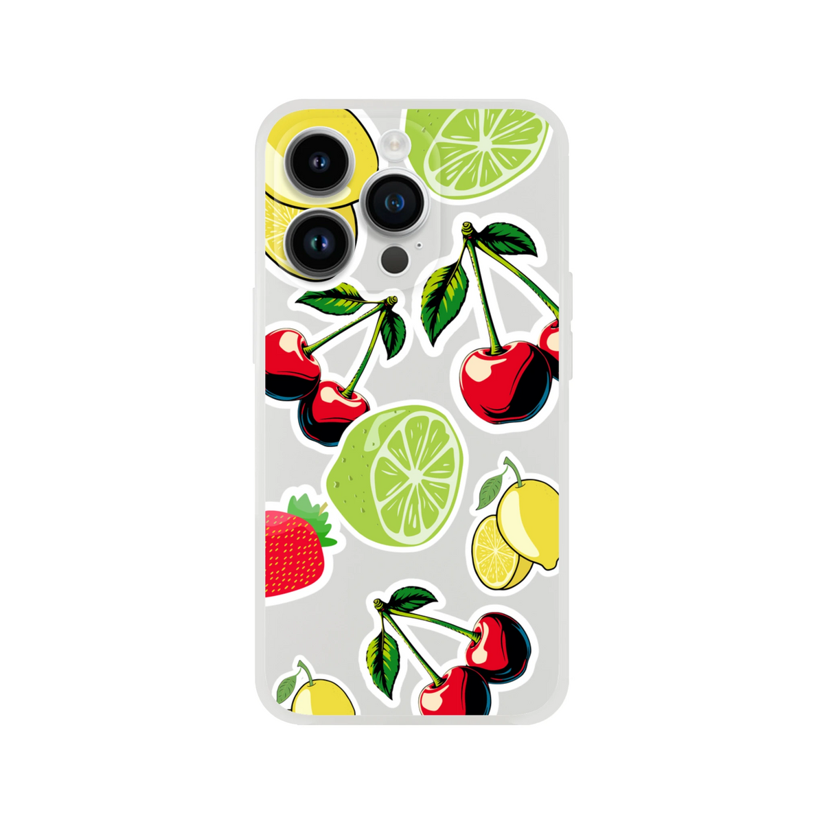 Transparent iPhone case featuring cherry, lime, and lemon sticker effect design for slim, drop-resistant protection.
