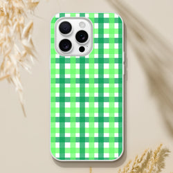 Green gingham iPhone case with lime-green checkered pattern on white phone.