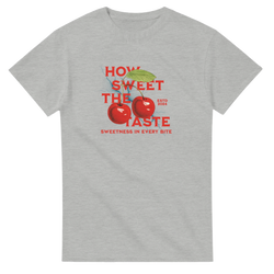 Grey retro cherry graphic tee with bold red text "How Sweet The Taste" and vintage fruit illustration for women.