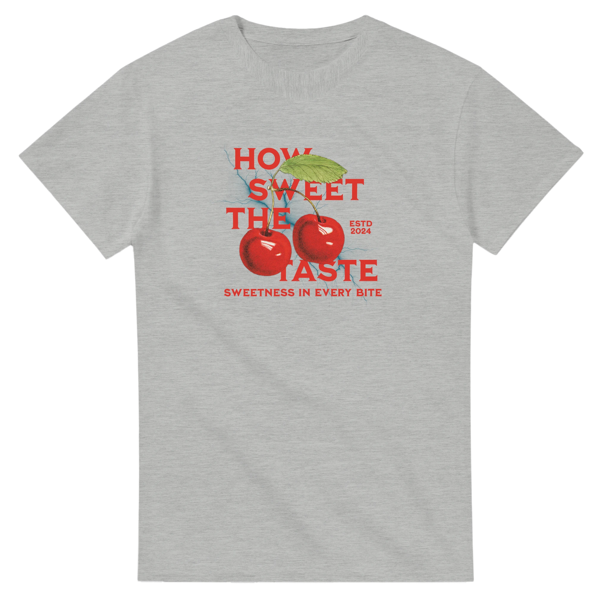 Grey retro cherry graphic tee with bold red text "How Sweet The Taste" and vintage fruit illustration for women.