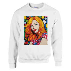 White Retro Pop Art Woman Sweatshirt with a colorful comic-style portrait print.