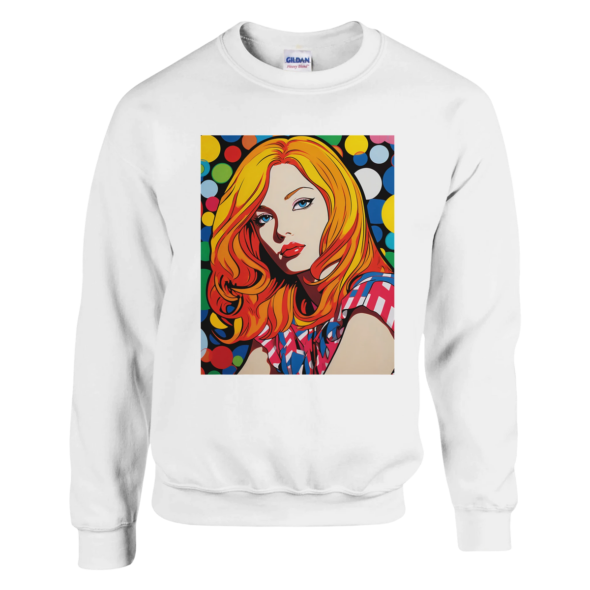White Retro Pop Art Woman Sweatshirt with a colorful comic-style portrait print.