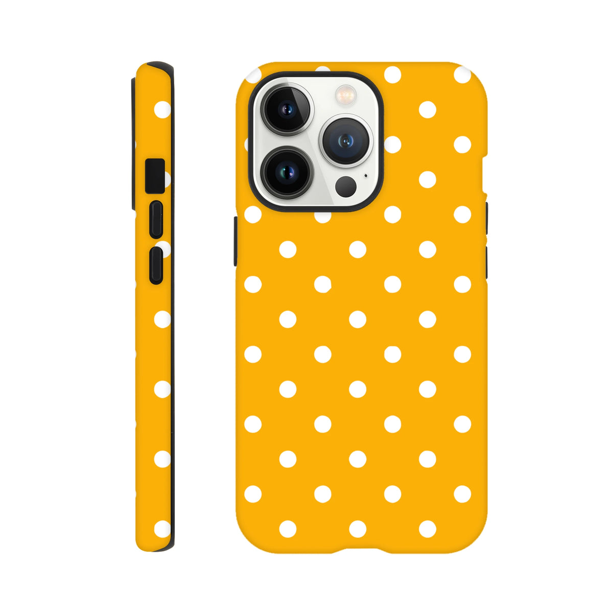 Orange and white polka dot tough iPhone case with shock-absorbing dual-layer TPU shell for models 13-16.