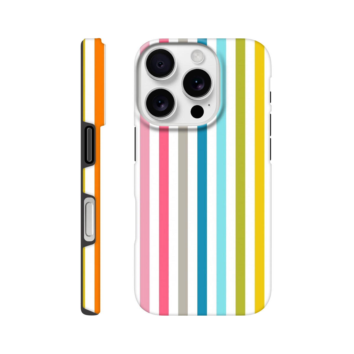 Retro rainbow multicolour stripe tough iPhone case with vibrant vertical bands and protective side profile.