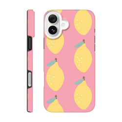 Pink iPhone case with cute yellow lemon pattern. Tough fruit design phone cover for urban style and daily protection.