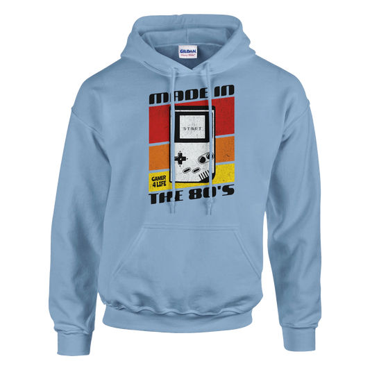Light blue men's graphic hoodie with a retro gaming console graphic and 'Made in the 80's' text on a white background.