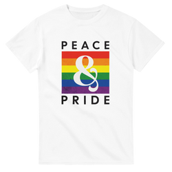 White t-shirt with retro distressed rainbow graphic featuring "PEACE & PRIDE" text and large ampersand.