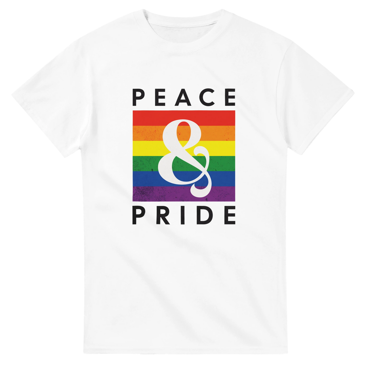 White t-shirt with retro distressed rainbow graphic featuring "PEACE & PRIDE" text and large ampersand.