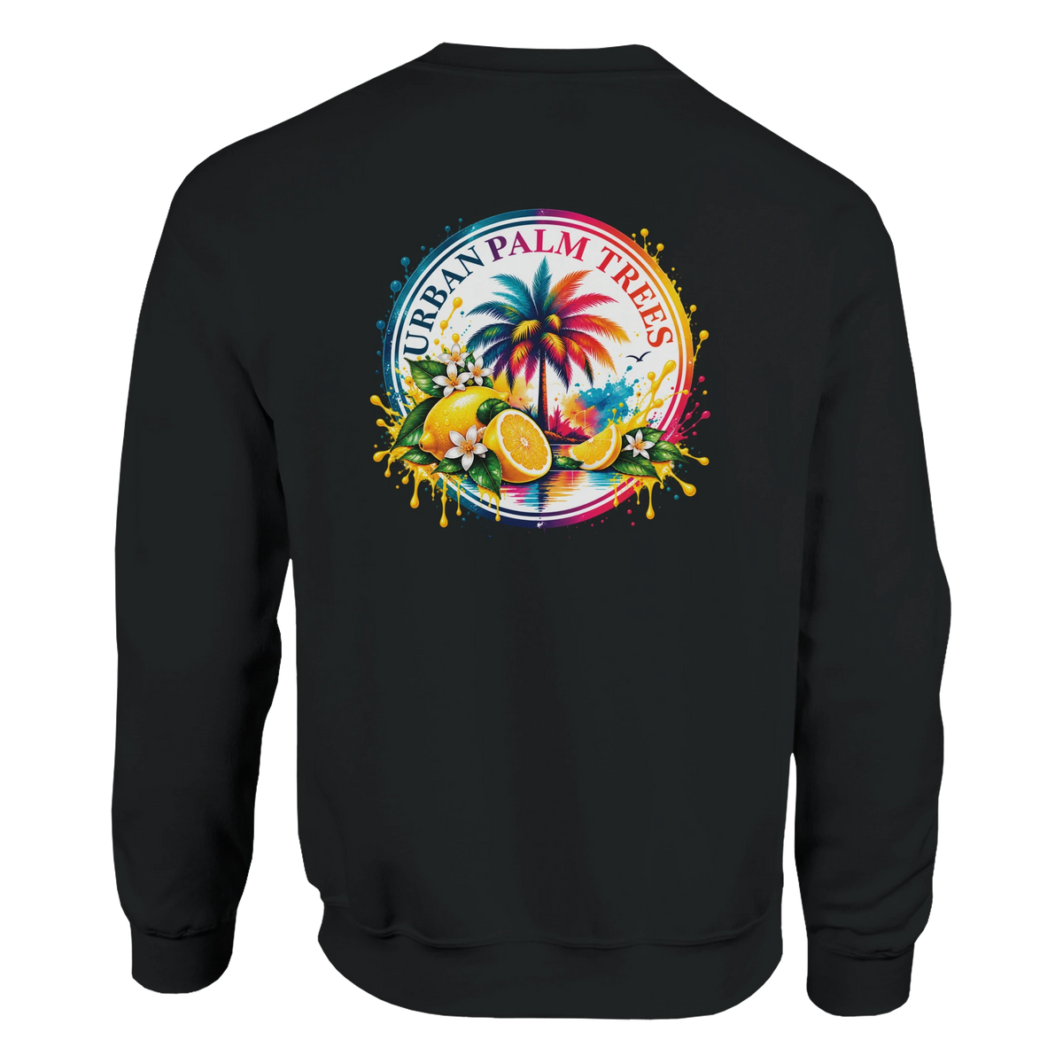 Black hoodie back print featuring a colorful retro tropical design with lemons, palm trees, and flowers.