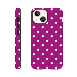 Purple and white polka dot tough iPhone case with dual-layer shock absorbing TPU protection for iPhone 13-16.