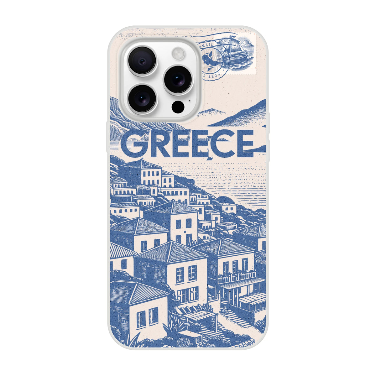 Vintage postcard Greece iPhone case (13-16) with blue illustration on beige background.