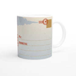 Vintage Barcelona mug with retro postcard design, beige speckled background and airplane stamp.