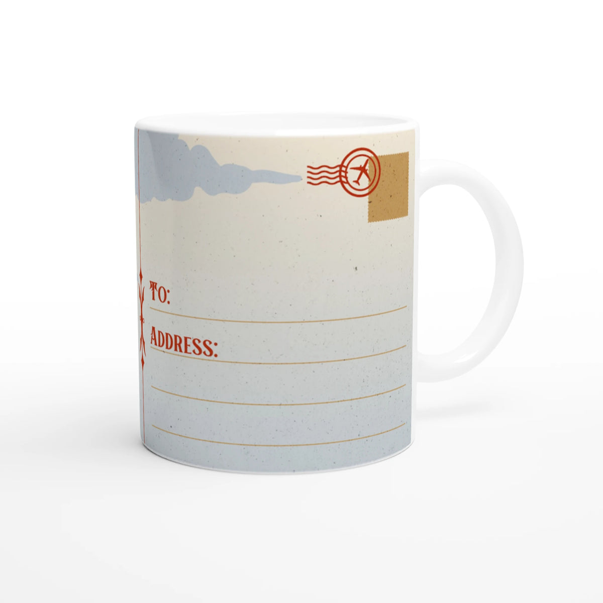 Vintage Barcelona mug with retro postcard design, beige speckled background and airplane stamp.