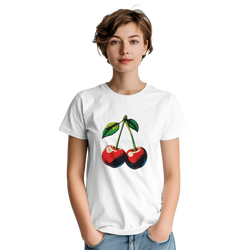 Women wearing white retro cherry graphic t-shirt featuring vintage fruit design, perfect for casual vintage styling.
