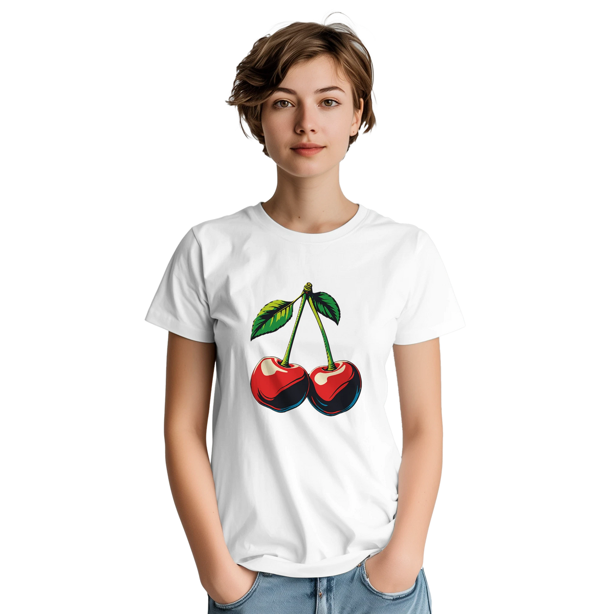 Women wearing white retro cherry graphic t-shirt featuring vintage fruit design, perfect for casual vintage styling.