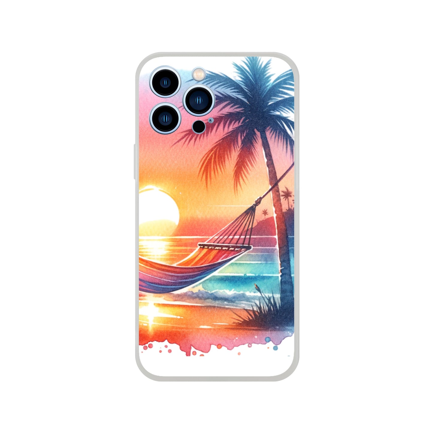 iPhone case with a tropical design featuring a hammock, palm tree, and sunset 8