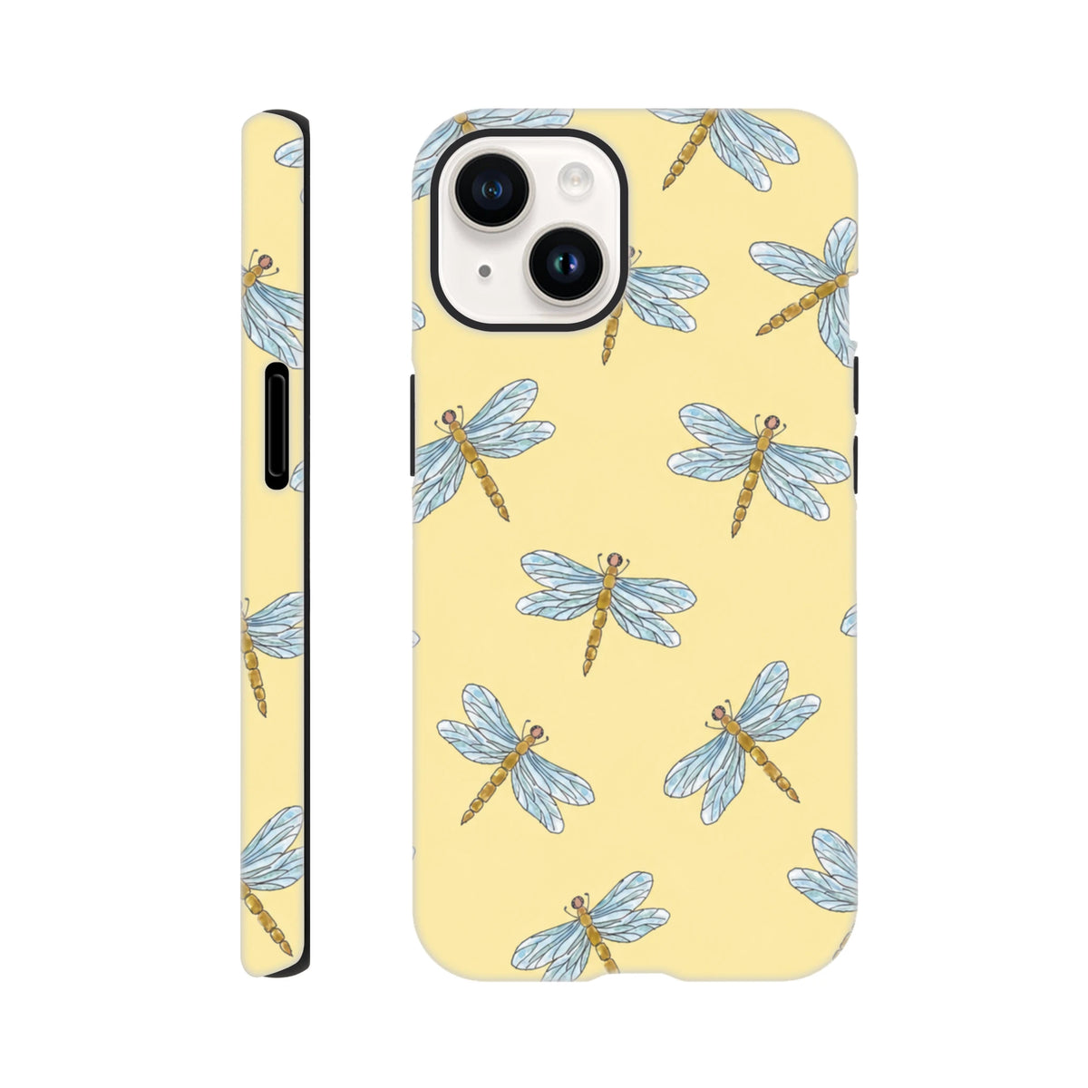 Yellow tough iPhone case featuring a repeating pattern of blue-winged dragonflies on a pale yellow background for drop protection.