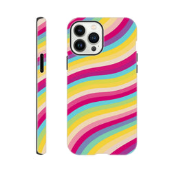 Rainbow wave retro stripe iPhone case with shock-absorbing TPU protection and vibrant, scuff-resistant design for daily use.