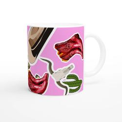 Pink Western Cowboy ceramic mug featuring boots, cactus and horseshoe designs for coffee.