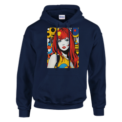 Navy blue pullover hoodie featuring a vibrant retro pop art graphic of a red-haired woman against a colorful geometric background.