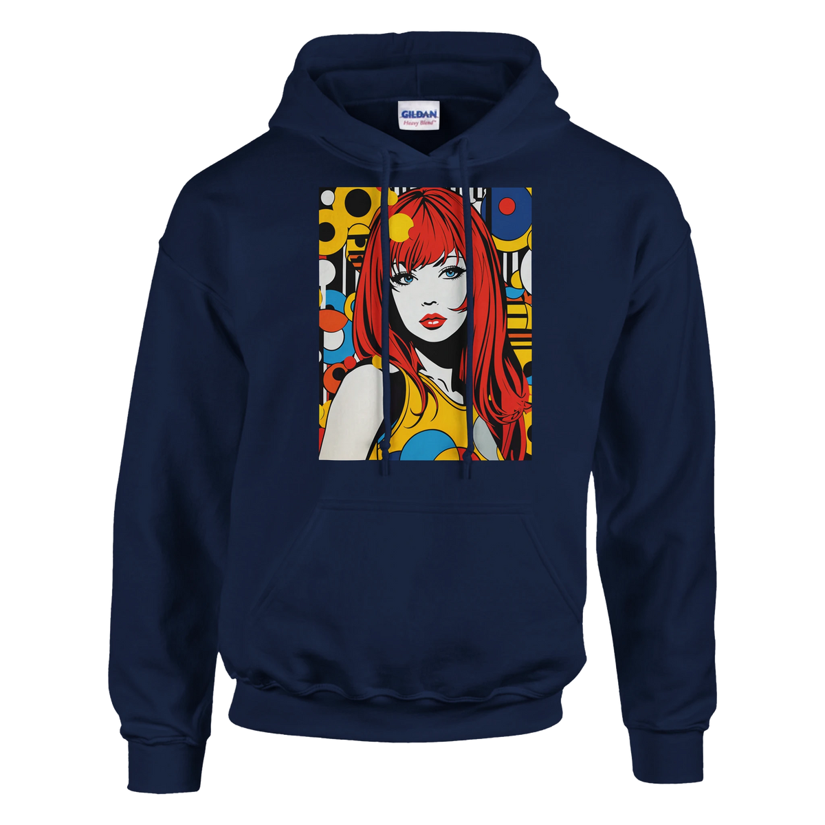 Navy blue pullover hoodie featuring a vibrant retro pop art graphic of a red-haired woman against a colorful geometric background.