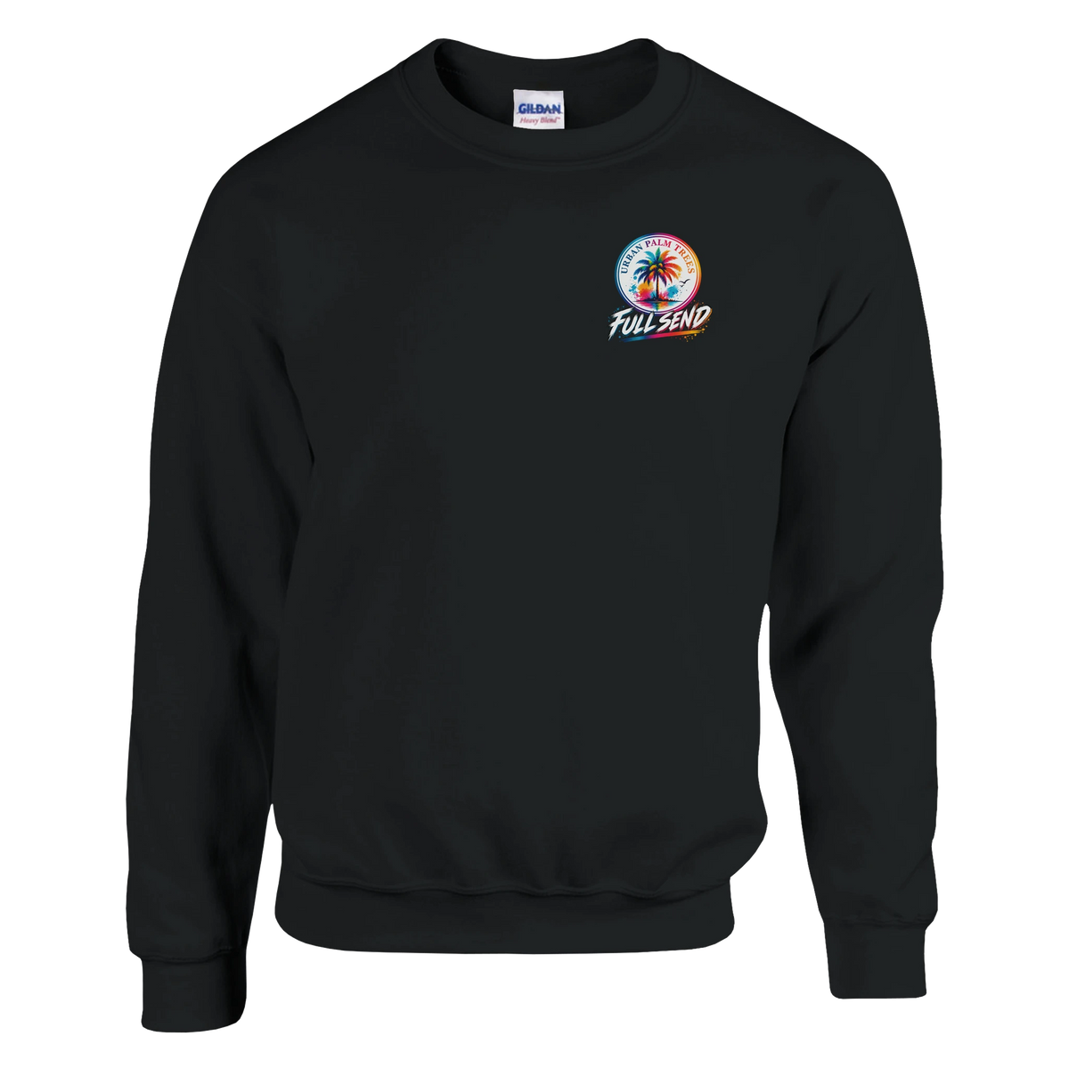 Black Low Life Car Sweatshirt featuring a colorful Urban Palm Trees Full Send graphic on the chest for petrolheads.