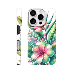 Tropical hibiscus floral iPhone case with vibrant pink flower and green leaves. Tough protective cover for iPhone 13-16 models.