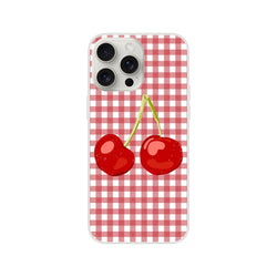 Cute Cherry Gingham iPhone Case with bright red cherries on pink gingham for iPhone 13-16
