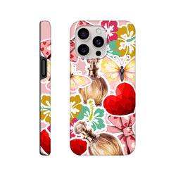 Pink floral iPhone case featuring sticker-style perfume bottles, butterflies, and red hearts with a tough full-wrap design.