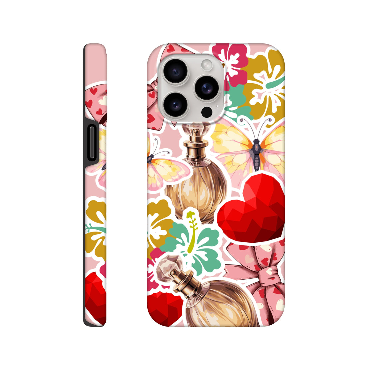 Pink floral iPhone case featuring sticker-style perfume bottles, butterflies, and red hearts with a tough full-wrap design.