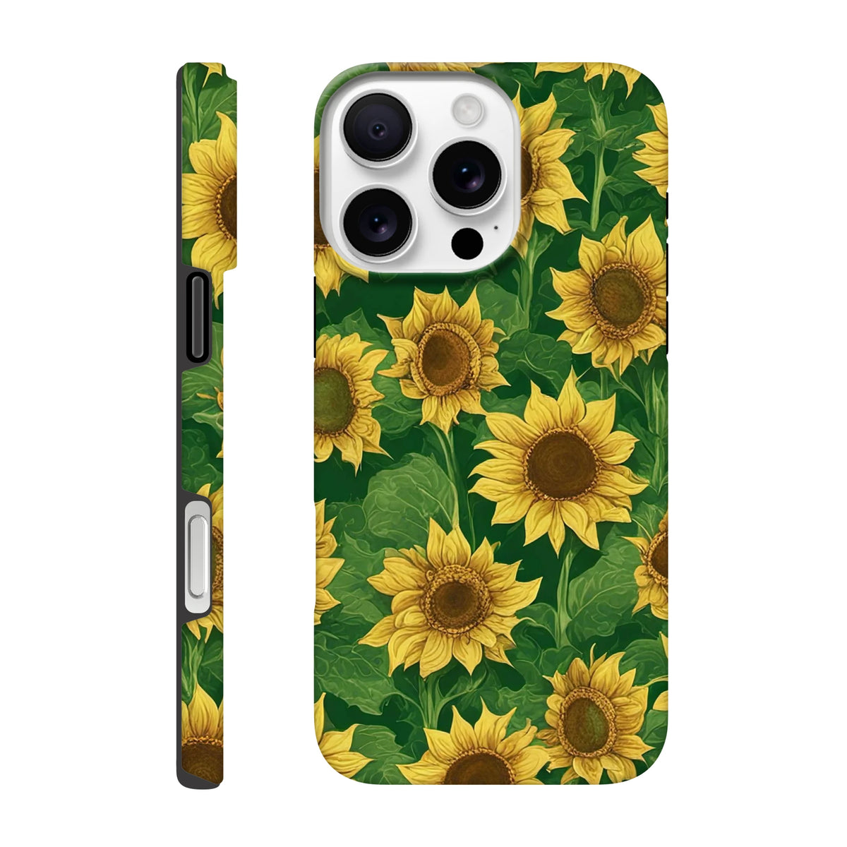 Sunflower Tough iPhone Case featuring a wraparound floral print with yellow sunflowers and green leaves for drop protection.