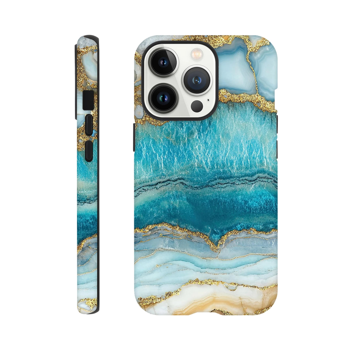 Blue Agate tough iPhone case featuring a teal and gold marble layout with reinforced edges for models 13 through 16.