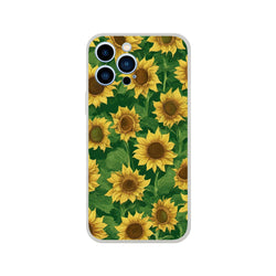 Sunflower floral iPhone case for 13-16 with yellow blooms on green leaves around triple-camera cutout