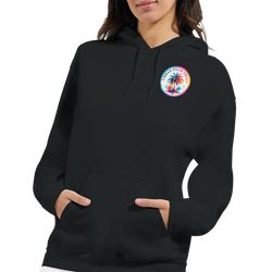 Black women's hoodie featuring a colorful retro palm tree chest logo. Tropical cowgirl aesthetic with double-lined hood and front kangaroo pocket.