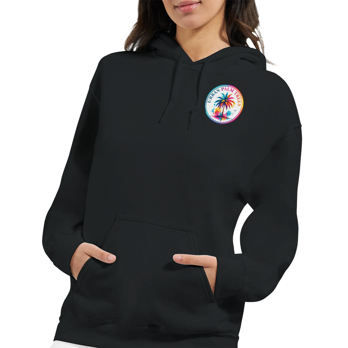Black women's hoodie featuring a colorful retro palm tree chest logo. Tropical cowgirl aesthetic with double-lined hood and front kangaroo pocket.