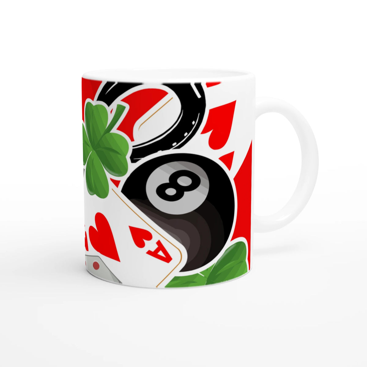 Casino themed ceramic mug featuring an 8-ball, playing cards, horseshoe, and four-leaf clover design for coffee or tea.
