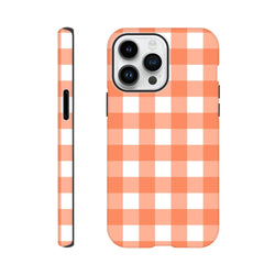 Retro orange and white gingham tough iPhone case featuring a shock-absorbing design for models 13 through 16.
