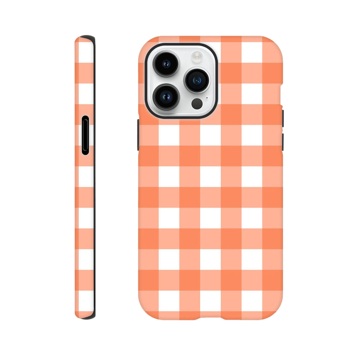 Retro orange and white gingham tough iPhone case featuring a shock-absorbing design for models 13 through 16.