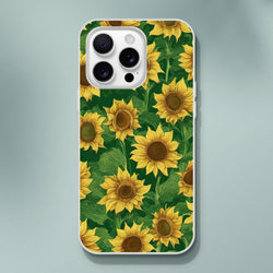 Sunflower iPhone Case 13-16 with cute floral botanical print on green background and yellow blooms.