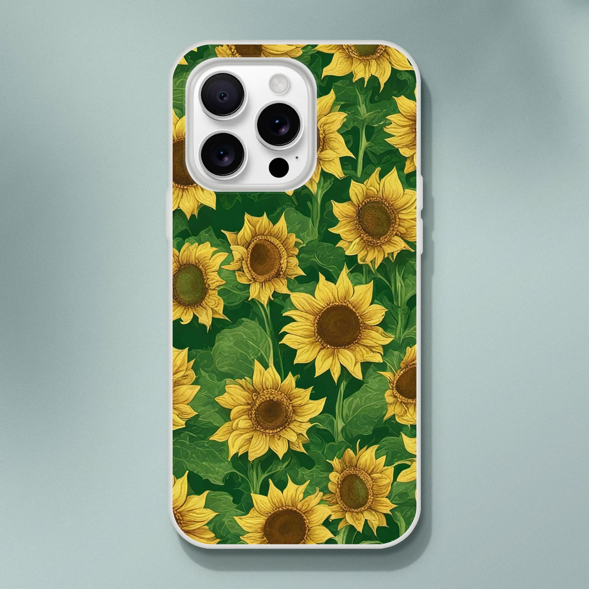 Sunflower iPhone Case 13-16 with cute floral botanical print on green background and yellow blooms.